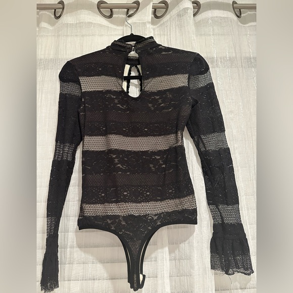 BEBE Black Lace Nude Illusion Keyhole Bodysuit - Picture 3 of 4